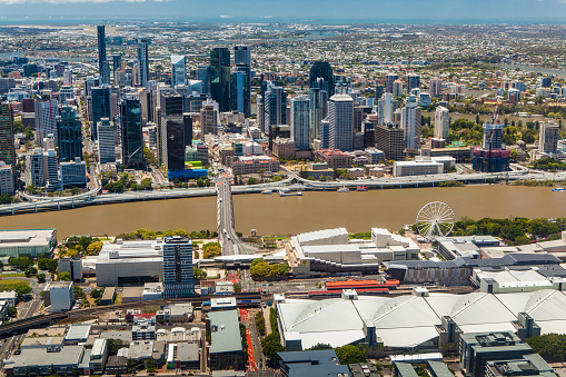 BRISBANE, AUSTRALIA - NOVEMBER 11 2014: View of Brisbane from air over the river. Brisbane is the capital of QLD and the third largest city in Australia. November 11, 2014 Brisbane, Australia