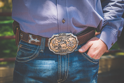 Fort Worth, Texas, USA - May 15, 2017 : A Cowboy belt close-up in Fort worth town.