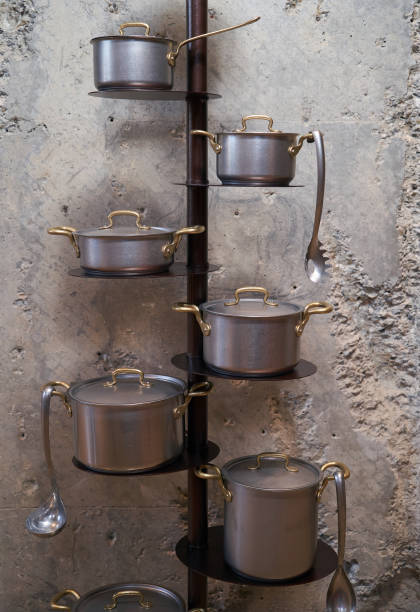 istock Kitchen pan holder stand on concrete wall background with copy space. 1136107908