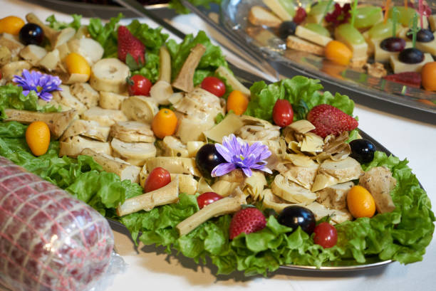 istock Healthy food tray background, close-up. Catering wedding buffet table 1136107911