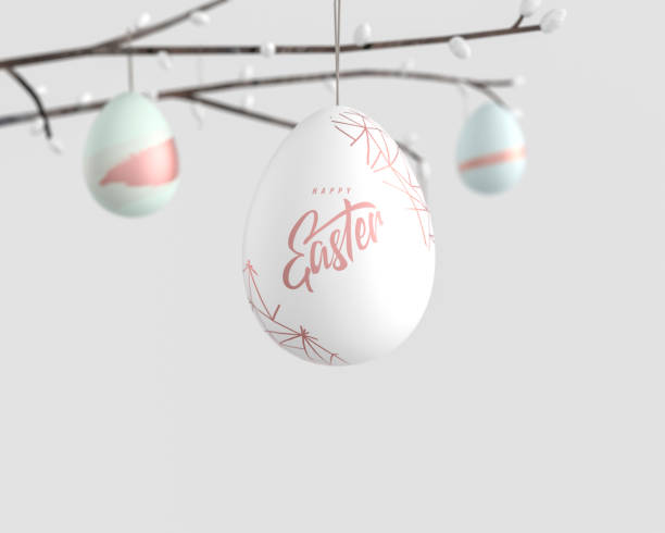 banner de felicitación de vacaciones de pascua, colgando huevos de pascua en rama, renderizado 3d - easter text single word paint fotografías e imágenes de stock