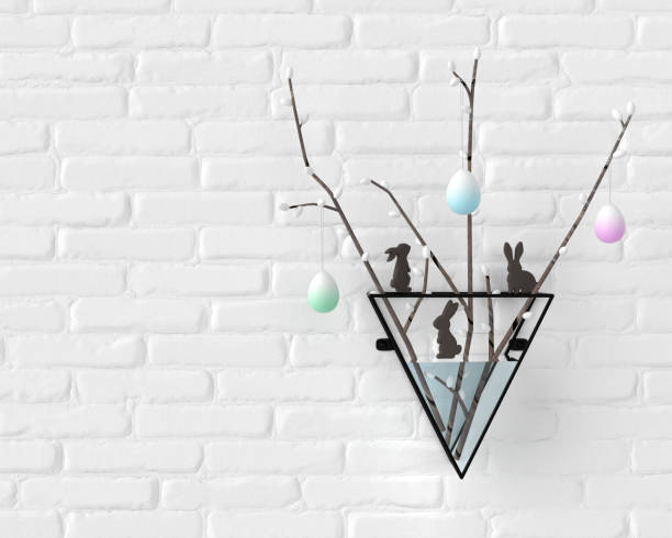 Easter handmade home decoration, vase with easter bunny figurines, willow branches and hanging Easter eggs – 3d rendering.