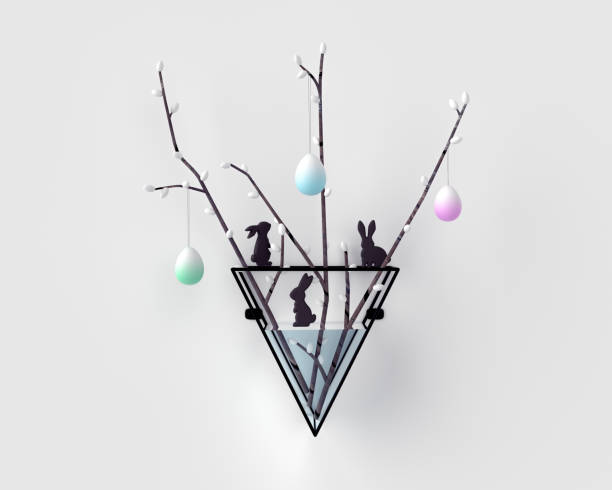 istock Easter holiday background, vase with easter bunny figurines, willow branches and hanging Easter eggs – 3d rendering. 1136113855