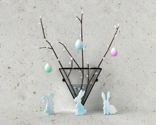 Easter holiday background, vase with easter bunny figurines, willow branches and hanging Easter eggs – 3d rendering.