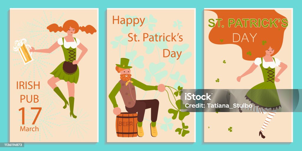 Set of greeting banners of Saint Patricks Day. Set of greeting banners of Saint Patricks Day. Cute cartoon leprechauns holding mugs of beer dancing. Flat Art Vector illustration Adult stock vector