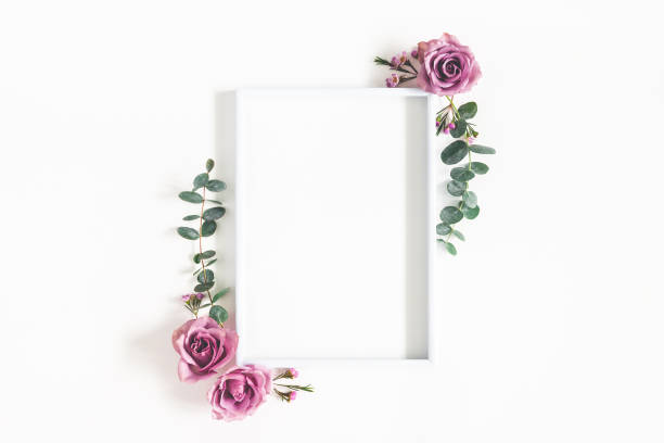 Flowers composition. Photo frame, eucalyptus branches and rose flowers on white background. Flat lay, top view, copy space