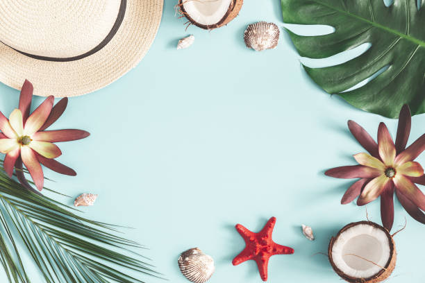 istock Summer composition. Tropical palm leaves, hat, coconut on pastel blue background. Summer concept. Flat lay, top view, copy space 1136116568