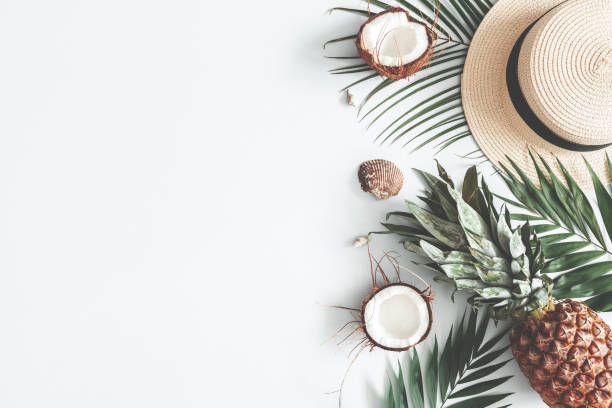 istock Summer composition. Tropical palm leaves, hat, coconut, pineapple on pastel gray background. Summer concept. Flat lay, top view, copy space 1136118254