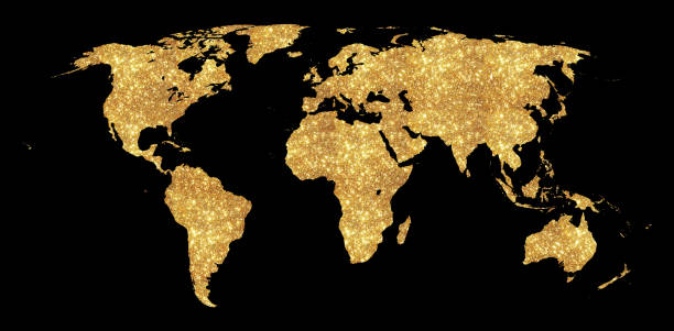 Golden glitter world map concept illustration on black background Golden world map concept illustration, gold planet geography icon made of golden glitter dust on black background. Europa stock pictures, royalty-free photos & images