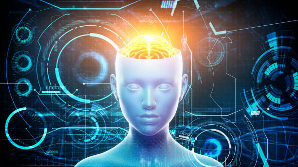 istock 3 D illustration of a man's head and brain with graphic elements.  Artificial intelligence and machine learning concept. 1136121490