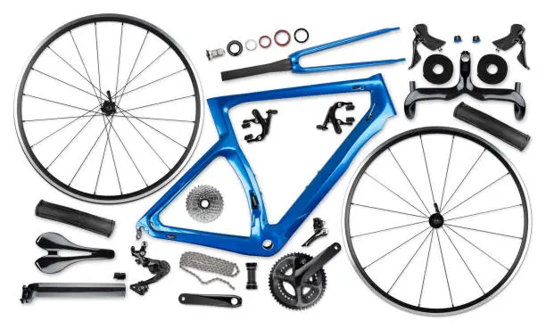 Photo of all single parts of blue black modern aerodynamic carbon fiber racing road bicycle