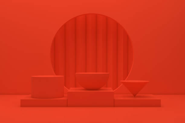 istock 3D Scene Geometric Shapes with Empty Product Stand, Platform, Abstact Minimal Red Background 1136127797