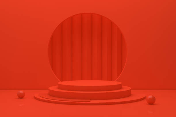 3D Scene Geometric Shapes with Empty Product Stand, Platform, Abstact Minimal Red Background