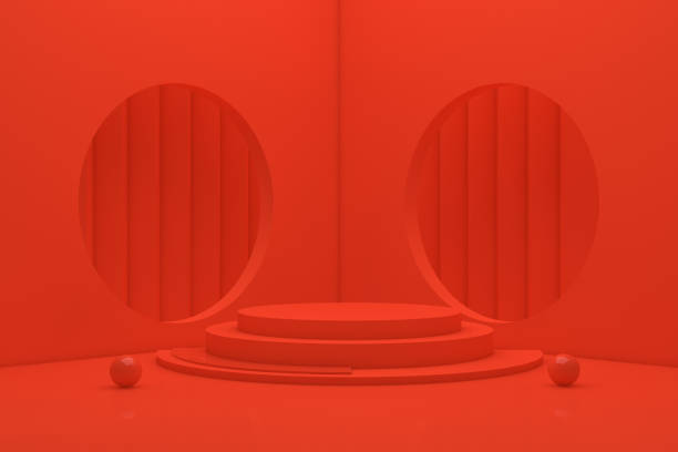 istock 3D Scene Geometric Shapes with Empty Product Stand, Platform, Abstact Minimal Red Background 1136128073