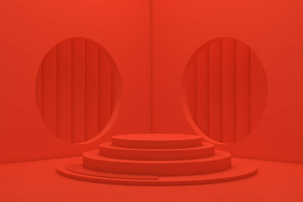 istock 3D Scene Geometric Shapes with Empty Product Stand, Platform, Abstact Minimal Red Background 1136128227