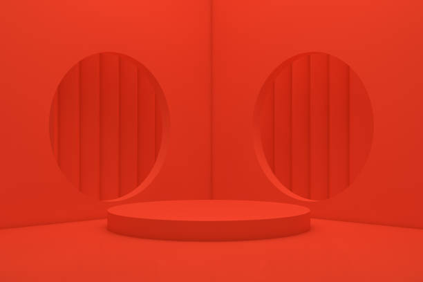istock 3D Scene Geometric Shapes with Empty Product Stand, Platform, Abstact Minimal Red Background 1136128590
