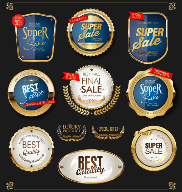 ilustraciones, imágenes clip art, dibujos animados e iconos de stock de insignias de oro y etiquetas retro vintage vector colección - ribbon award perfection winning