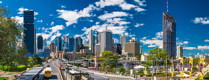 BRISBANE, AUS - AUG 26 2016: Panoramic view of Brisbane Skyline as seen from South Bank.