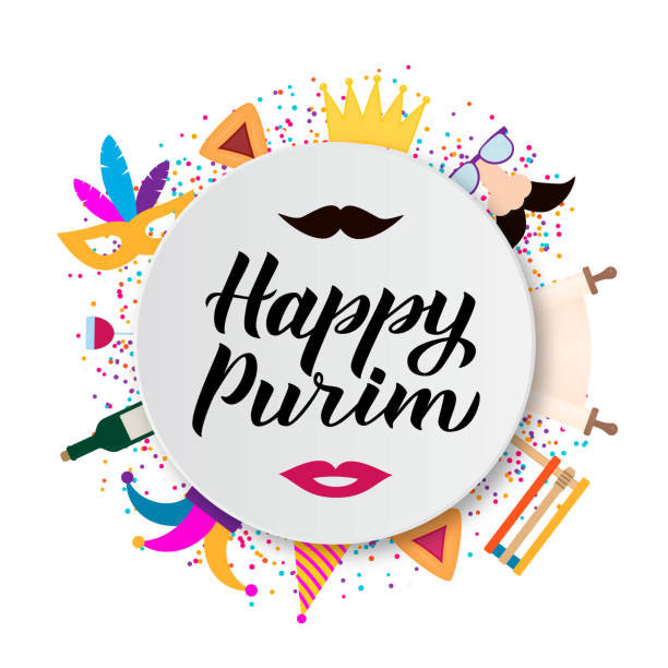 Happy Purim calligraphy hand lettering with traditional Jewish symbols: hamantaschen cookies, megillah esther, noisemaker, wine, masque, crown. Carnival vector illustration. Happy Purim calligraphy hand lettering with traditional Jewish symbols: hamantaschen cookies, megillah esther, noisemaker, wine, masque, crown. Carnival vector illustration. esther bible stock illustrations