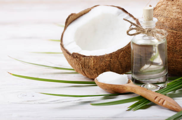istock Coconut shell pieces and palm leaves on white wooden table 1136134210