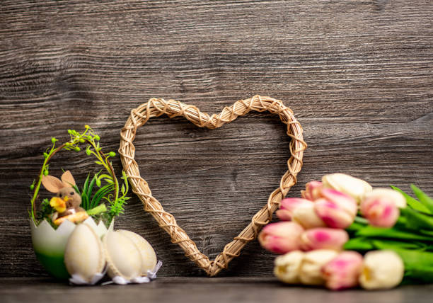 Spring Easter tulips on wooden background.View with copy space.