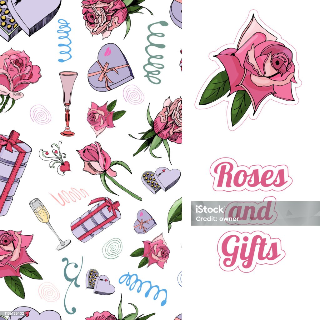 Vertical temlate with seamless pattern of rose flowers and leaves, candy, other different gifts and sticker.  Hand drawn ink and color sketch isolated on white background Vertical template with seamless pattern of rose flowers and leaves, candy, other different gifts and sticker.  Hand drawn ink and color sketch isolated on white background Vector illustration. Art stock vector