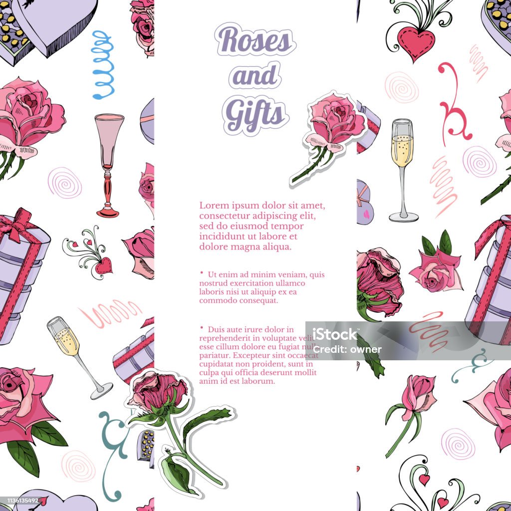 Vertical template with seamless pattern of rose flowers and leaves, candy, other different gifts and two stickers.  Hand drawn ink and color sketch isolated on white background. Vertical template with seamless pattern of rose flowers and leaves, candy, other different gifts and two stickers.  Hand drawn ink and color sketch isolated on white background.  Vector illustration. Art stock vector