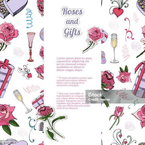 Vertical Template With Seamless Pattern Of Rose Flowers And Leaves Candy Other Different Gifts And Two Stickers Hand Drawn Ink And Color Sketch Isolated On White Background Stock Illustration - Download Image Now
