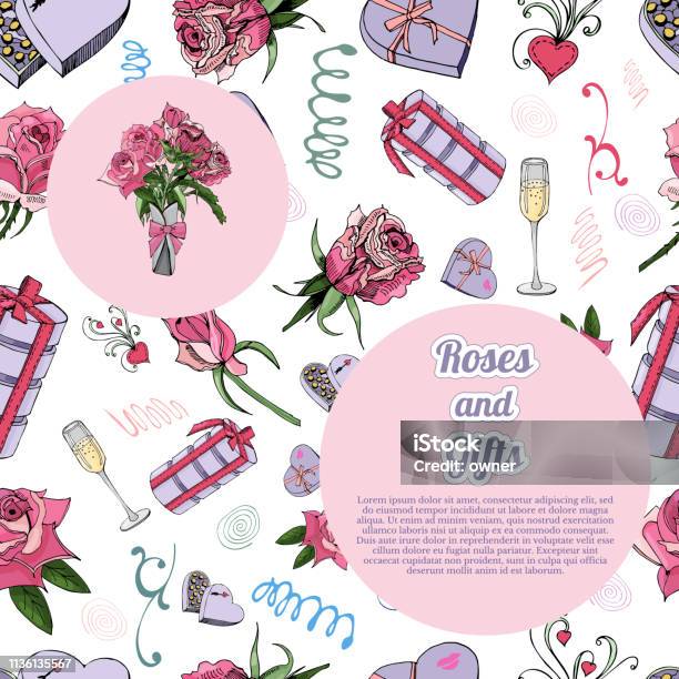 Composition With Seamless Pattern Bouquet Of Rose Flowes And Leaves Candy Other Different Gifts And Two Circle Hand Drawn Ink And Color Sketch Isolated On White Background Stock Illustration - Download Image Now
