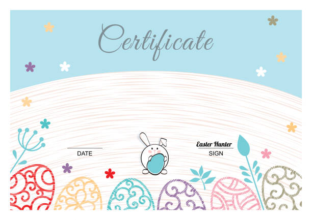 osterweiß-blaue urkunde mit kaninchen, bunten ziereiern. pastellfarben - red easter blue frame stock-grafiken, -clipart, -cartoons und -symbole