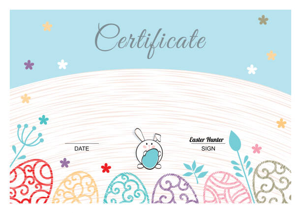 ilustrações de stock, clip art, desenhos animados e ícones de easter white blue certificate with bunny, multicolored ornamental eggs. pastel colors - red easter blue frame