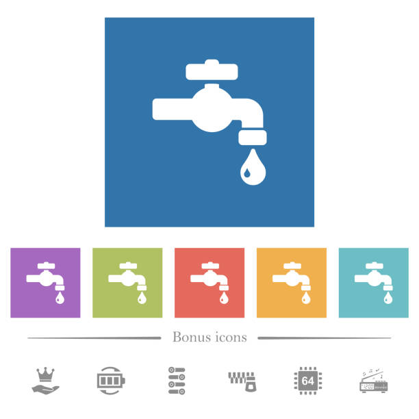 ilustrações de stock, clip art, desenhos animados e ícones de water faucet with water drop flat white icons in square backgrounds - detent