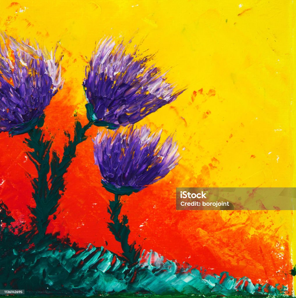 Abstract flowers Original oil painting on canvas showing colorful abstract flowers in front of golden sunset Abstract stock illustration