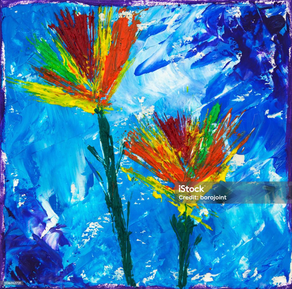 Abstract flowers Original oil painting on canvas showing colorful abstract flowers on blue background Abstract stock illustration
