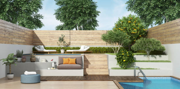 istock Garden on two levels with two small pools 1136142772