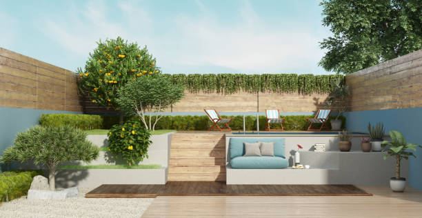 istock Garden on two levels with a small pool 1136142804