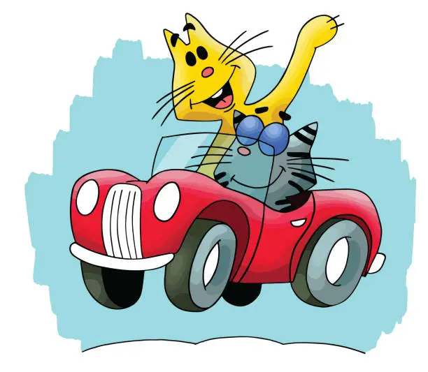 Vector illustration of Cartoon cats travelling by car vector illustration