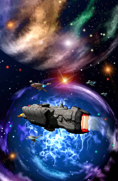 istock Spaceships fleet is flying near a big nebula, 3d illustration 1136144848