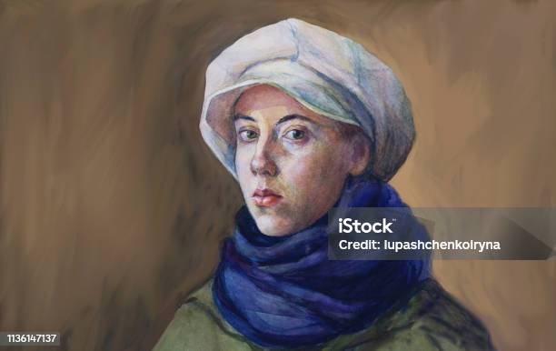 Fashionable Illustration Original Work Of Art Painting Watercolor Horizontal Autumnal Portrait Of A Girl Tender Romantic Seductive With Green Eyes In A White Cap Blue Woolen Scarf And Green Cloak In Classic Style Stock Illustration - Download Image Now