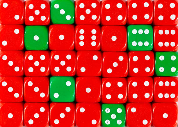 istock Background of random ordered red dices with six green cubes 1136147932