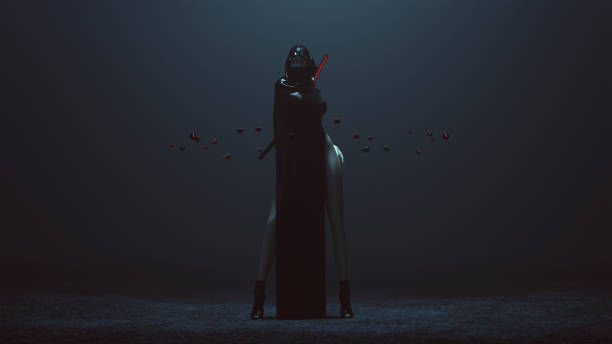 istock Futuristic Demon Nun In a High Split Dress and face Mask Abstract Demon Assassin with Samurai Sword and the Power of Telekinesis Front 1136149837