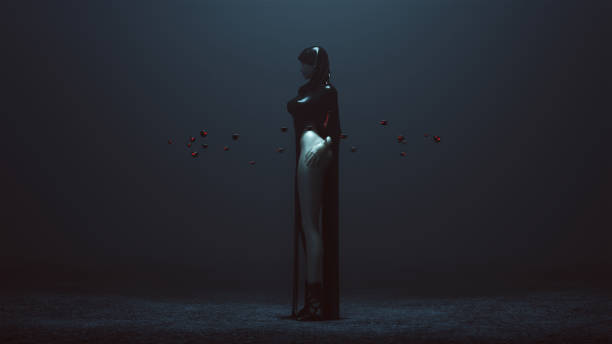 istock Futuristic Demon Nun In a High Split Dress Abstract Demon Assassin with Samurai Sword and the Power of Telekinesis Left Side 1136150432
