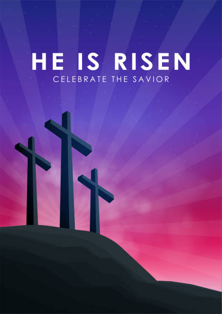 Christian easter scene, Saviour cross on dramatic sunrise scene, with text He is risen, vector illustration Christian easter scene, Saviour cross on dramatic sunrise scene, with text He is risen celebrate the Savior, vector illustration. church like a holy light from god stock illustrations