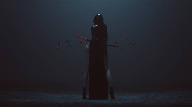 istock Futuristic Demon Nun In a High Split Dress Abstract Demon Assassin with Samurai Sword and the Power of Telekinesis Back 1136150488