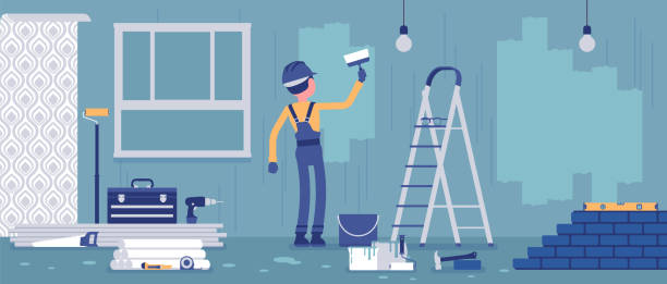 Repair of apartments, worker painting walls Repair of apartments, worker painting walls. Man provides professional services for cottage house, office, restore home to good condition, internal decoration. Vector illustration, faceless characters house painter ladder paint men stock illustrations