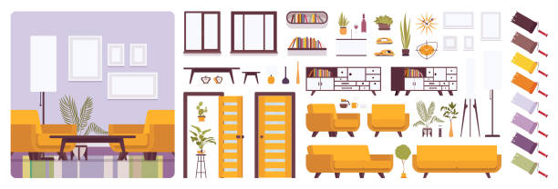 illustrazioni stock, clip art, cartoni animati e icone di tendenza di set di costruzione interna del soggiorno - painting home improvement decorating cut out