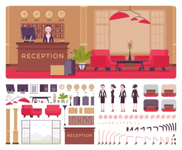 Vector illustration of Hotel female receptionist in lobby construction set