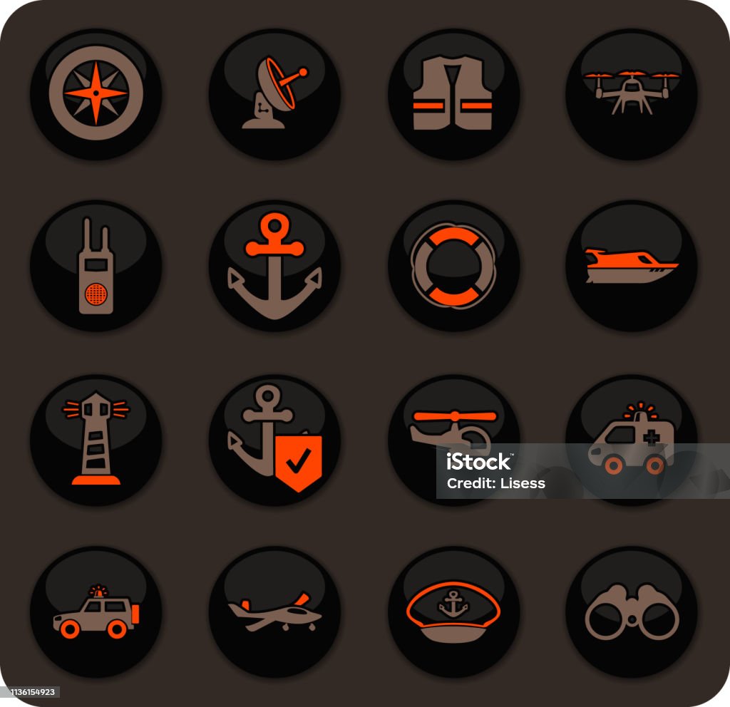 Coast Guard icons set Coast Guard color vector icons on dark background for user interface design Assistance stock vector
