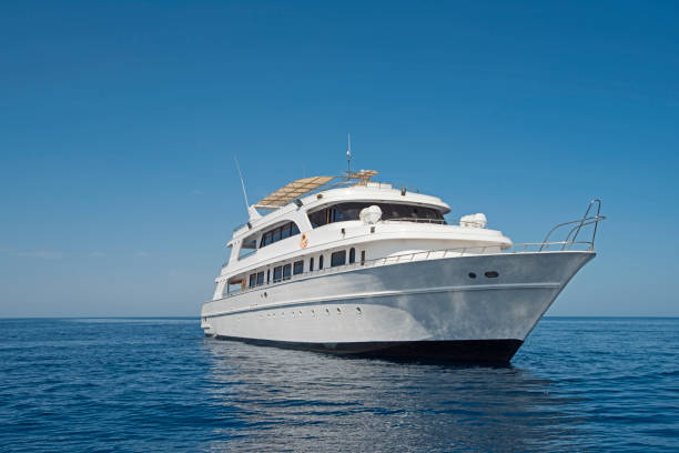 yacht a motore di lusso che naviga sul mare tropciale - albero di bompresso foto e immagini stock