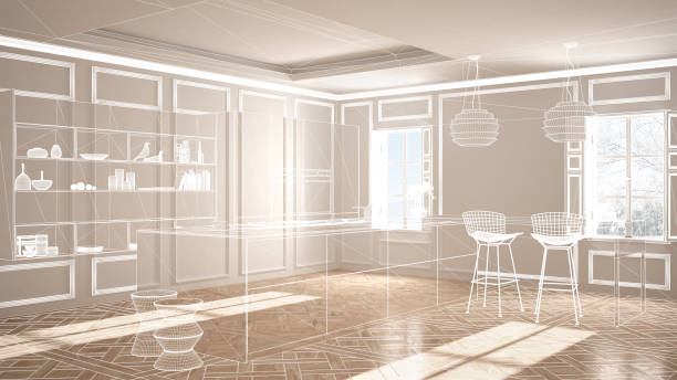 istock Empty white interior with parquet floor and stucco walls, custom architecture design project, white ink sketch, blueprint showing modern kitchen 1136156359